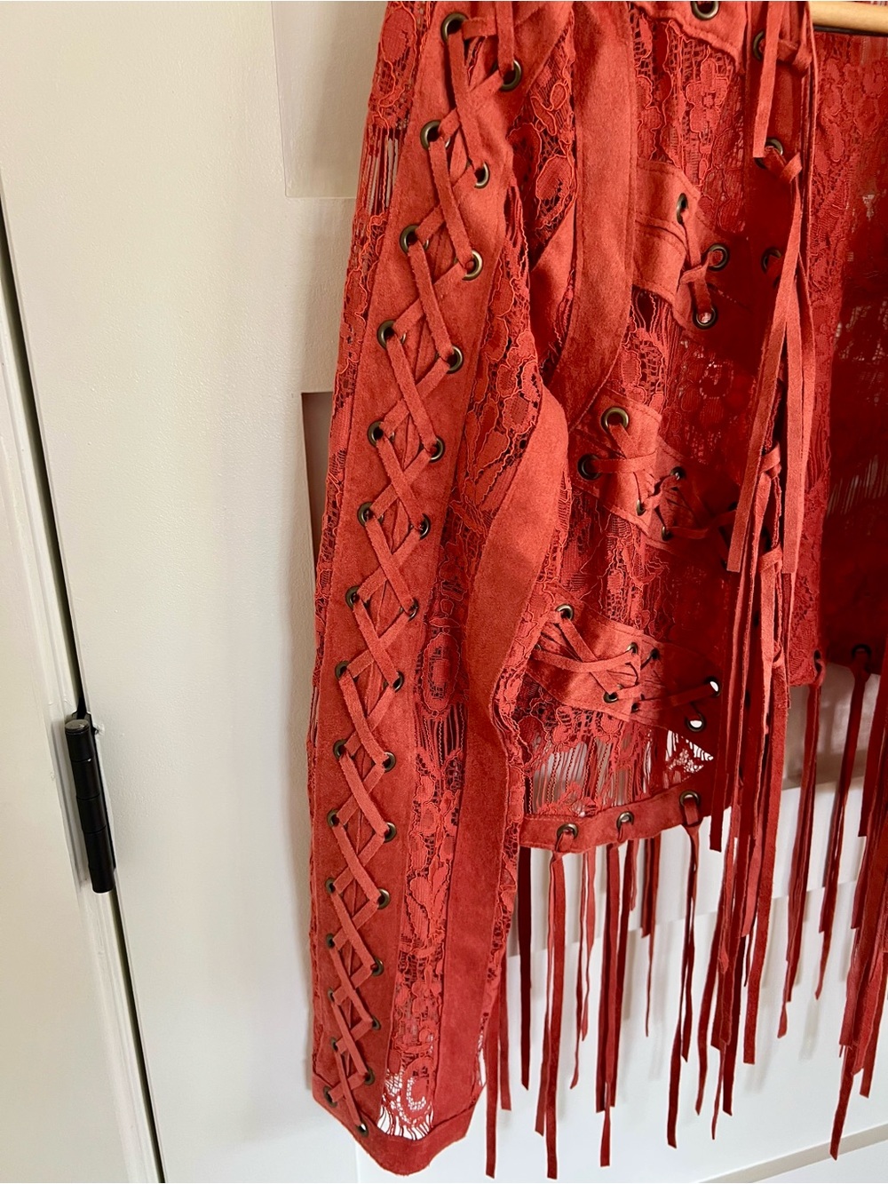 Vocal Coral Lace Fringe Leather-Accent Jacket - Picture 4 of 7